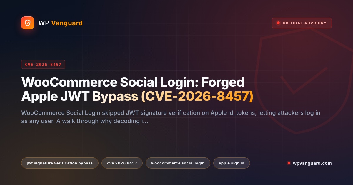 WooCommerce Social Login: Forged Apple JWT Bypass (CVE-2026-8457)