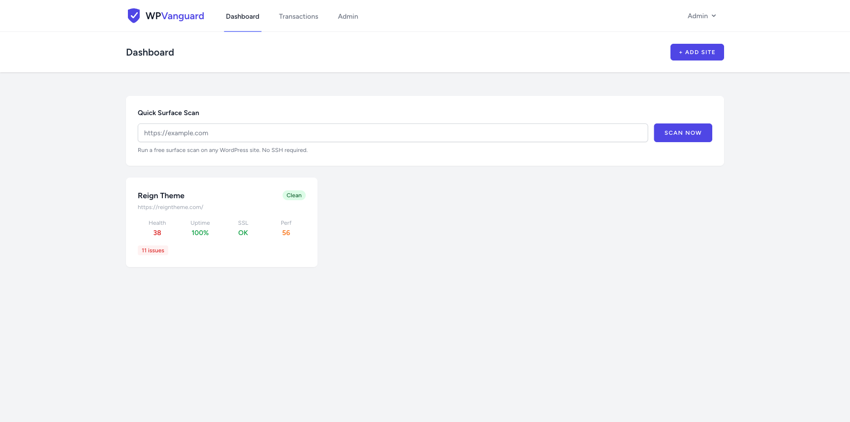 Dashboard showing site cards with Health, Uptime, SSL, and Performance columns